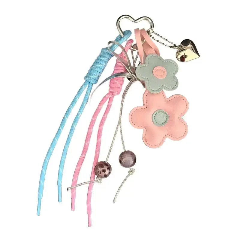 porte-clés en cuir pu avec breloque cœur fleur pour femme, accessoire mignon style bohème pour sac à main, sac fourre-tout, cadeau pour filles