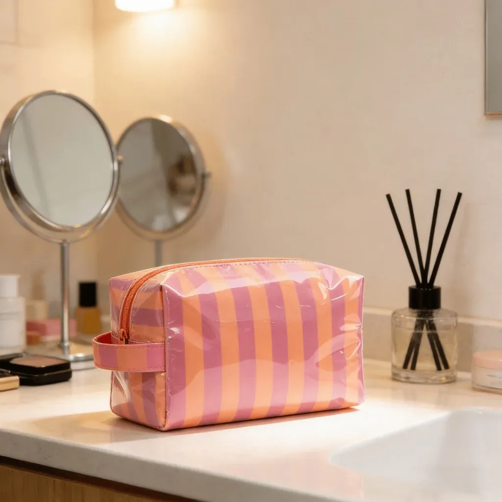 grande trousse de toilette de voyage rayée grande capacité, organisateur portable étanche pour maquillage et soins de la peau, idéale pour les vacances et les voyages en bus