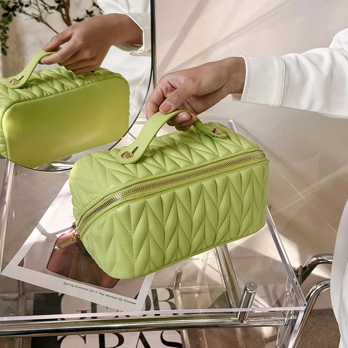 trousse de maquillage en pu de qualité supérieure, grand niveau d'apparence, trousse de toilette de voyage à la mode, nouveau sac de rangement de cosmétiques de couleur unie