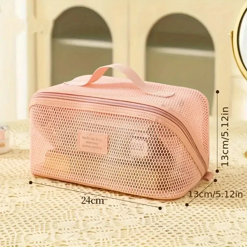 trousse de maquillage en tissu filet translucide grande capacité, pochette de voyage essentielle pour articles de toilette, trousse de maquillage multifonctionnelle