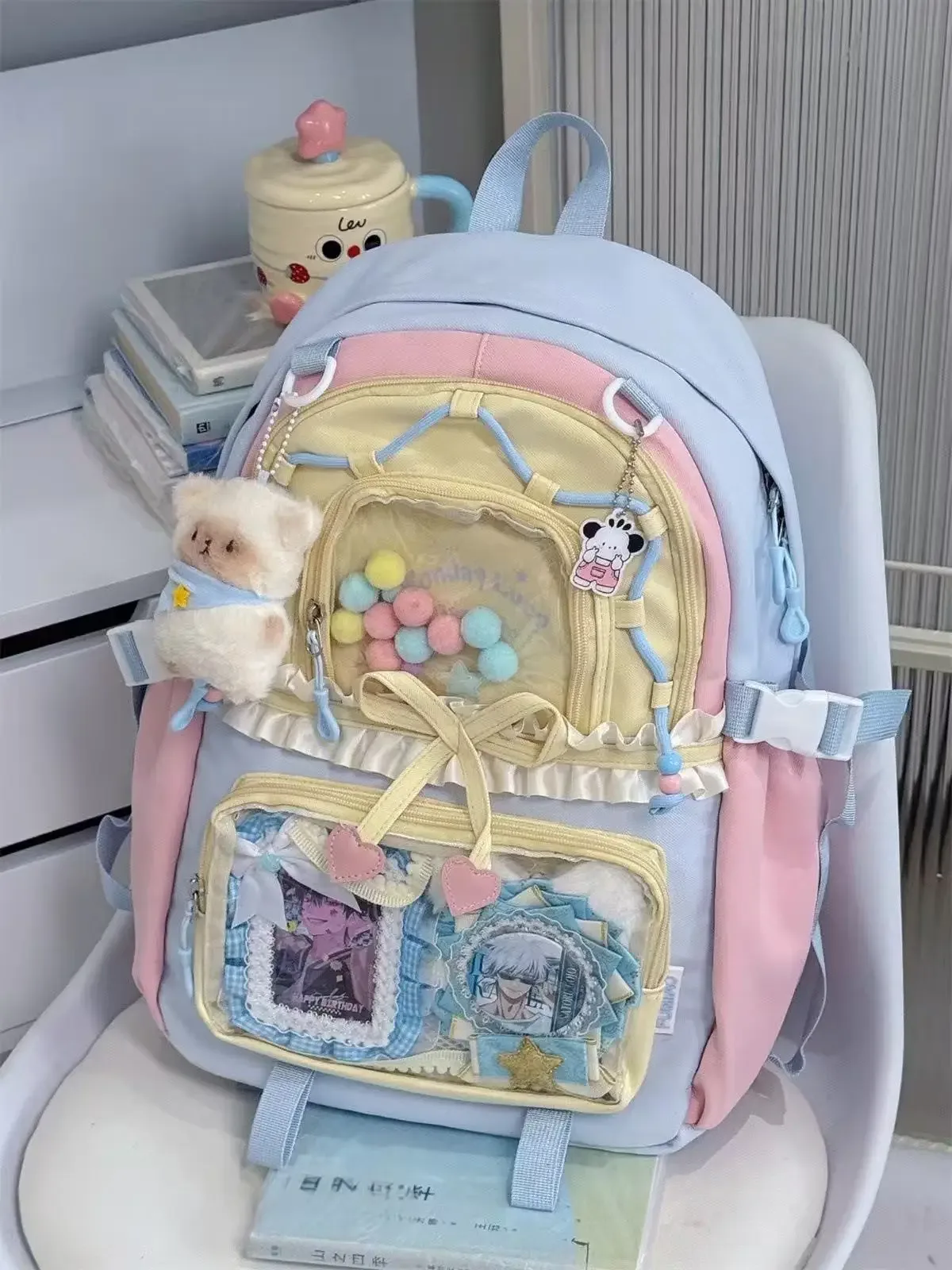 sac à dos ita transparent italife dopamine anmie pour femme, idéal pour la rentrée scolaire, style japonais, avec grandes volants et nœuds pour l'affichage des badges h259