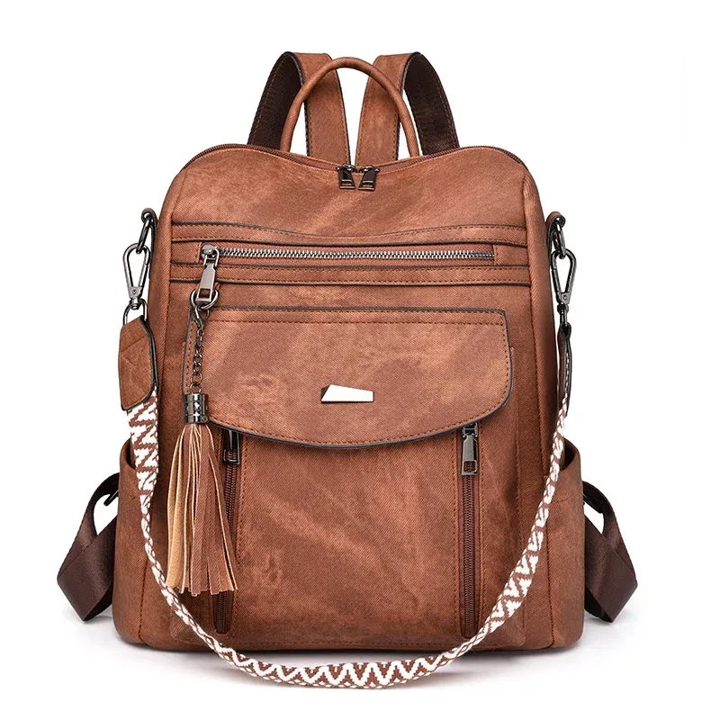 sac dos cuir texturé marron poches zippées ouvertes bandoulière arquée poche informatique imperméable jacquard vieille mode sac voyage femmes