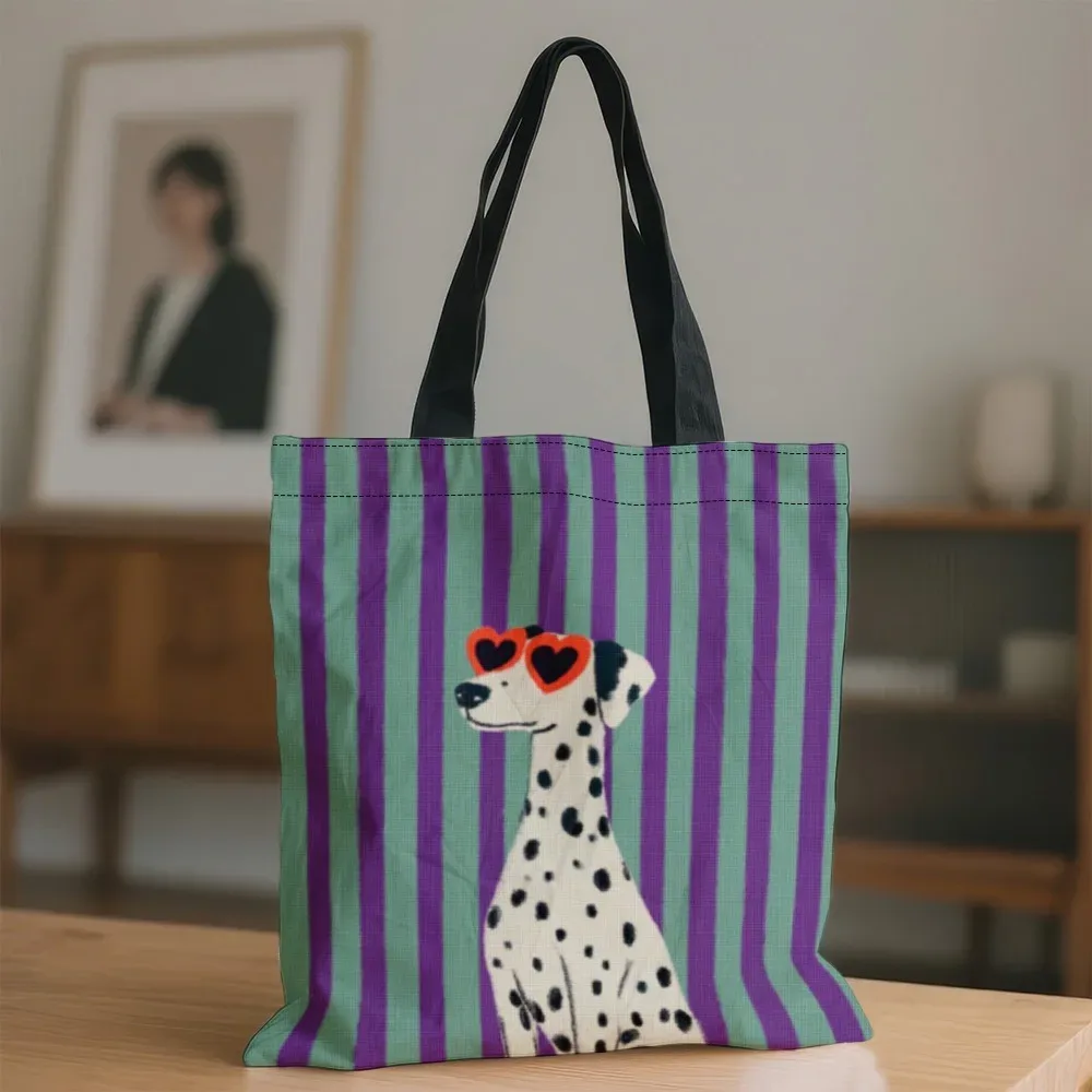 sac fourre-tout en polyester imprimé chien à lunettes tendance pour la saint-valentin, 1 pièce, sacs d'épicerie réutilisables pour le shopping, accès facile
