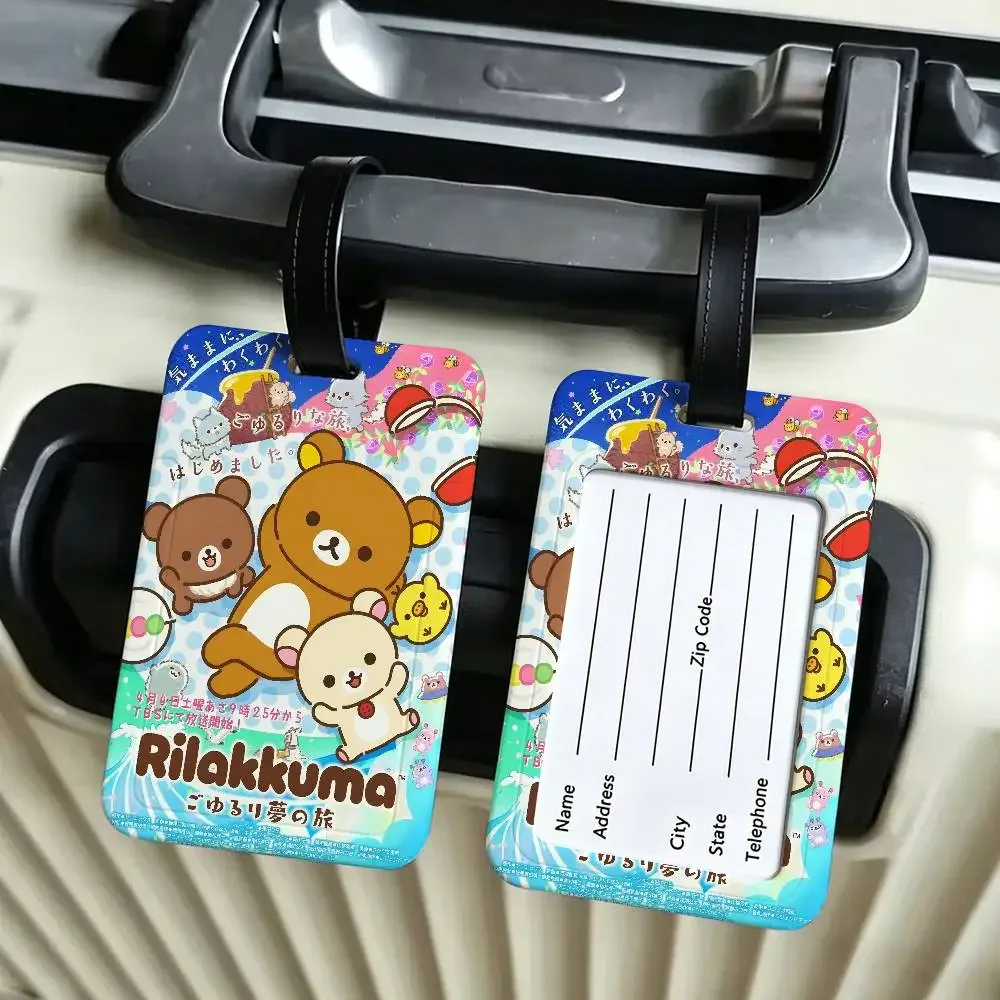étiquette bagage plastique pvc motif rilakkuma couleurs roses rouges blanches voyage ecole pratique antiperte ceinture porté