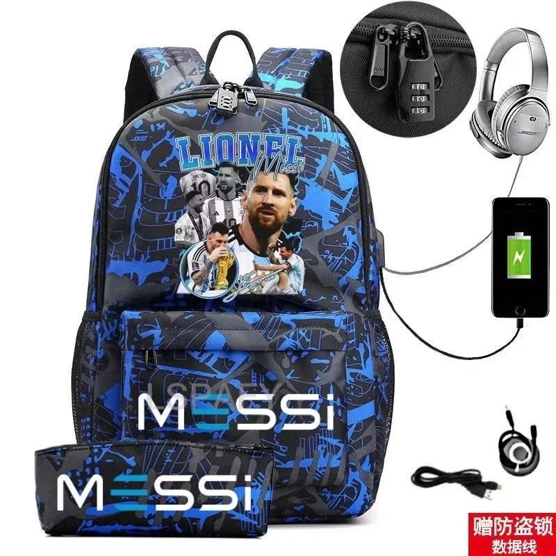 sac à dos messi tendance (lot de 2) – anti-vol, unisexe, simple, pour ordinateur portable, avec port usb, grande capacité, idéal pour les voyages, l'école, les garçons et les filles