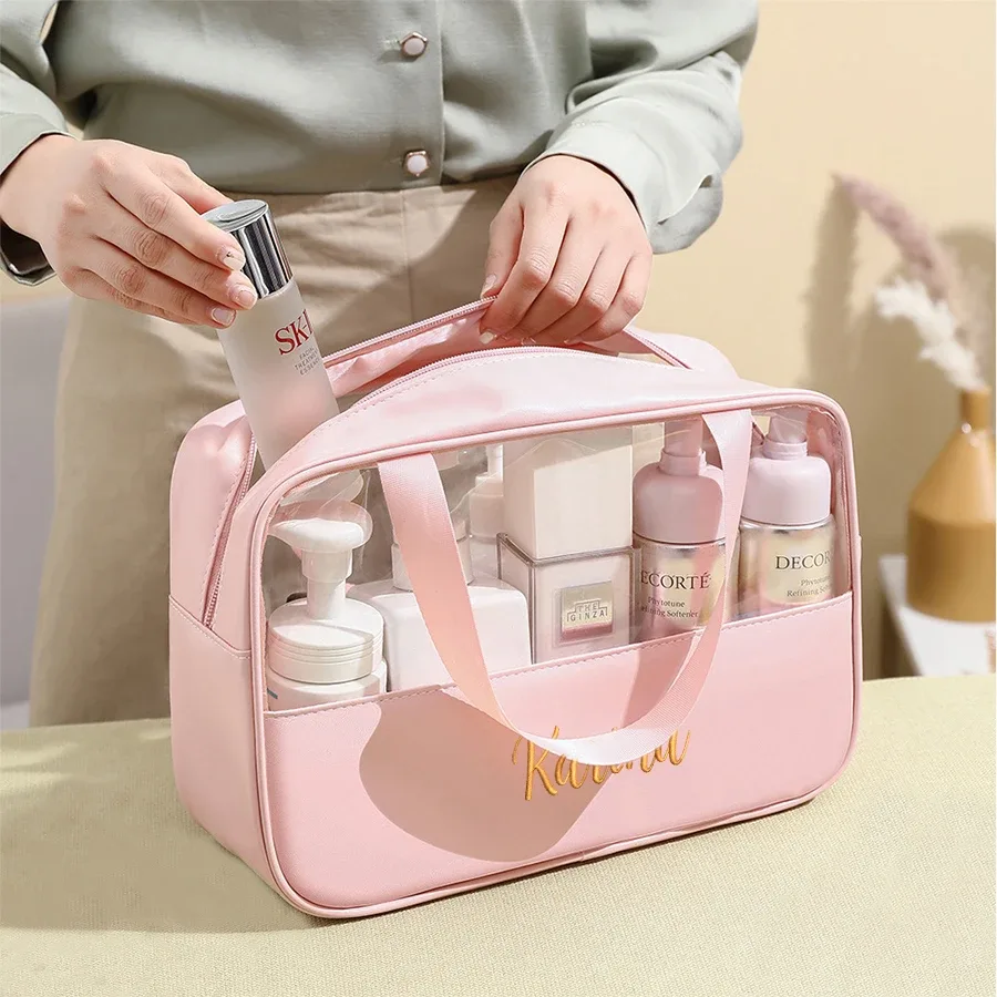 sac à cosmétiques personnalisé avec coutures brodées, sac de bain translucide en pvc de grande capacité, sac de rangement de voyage portable étanche en pu