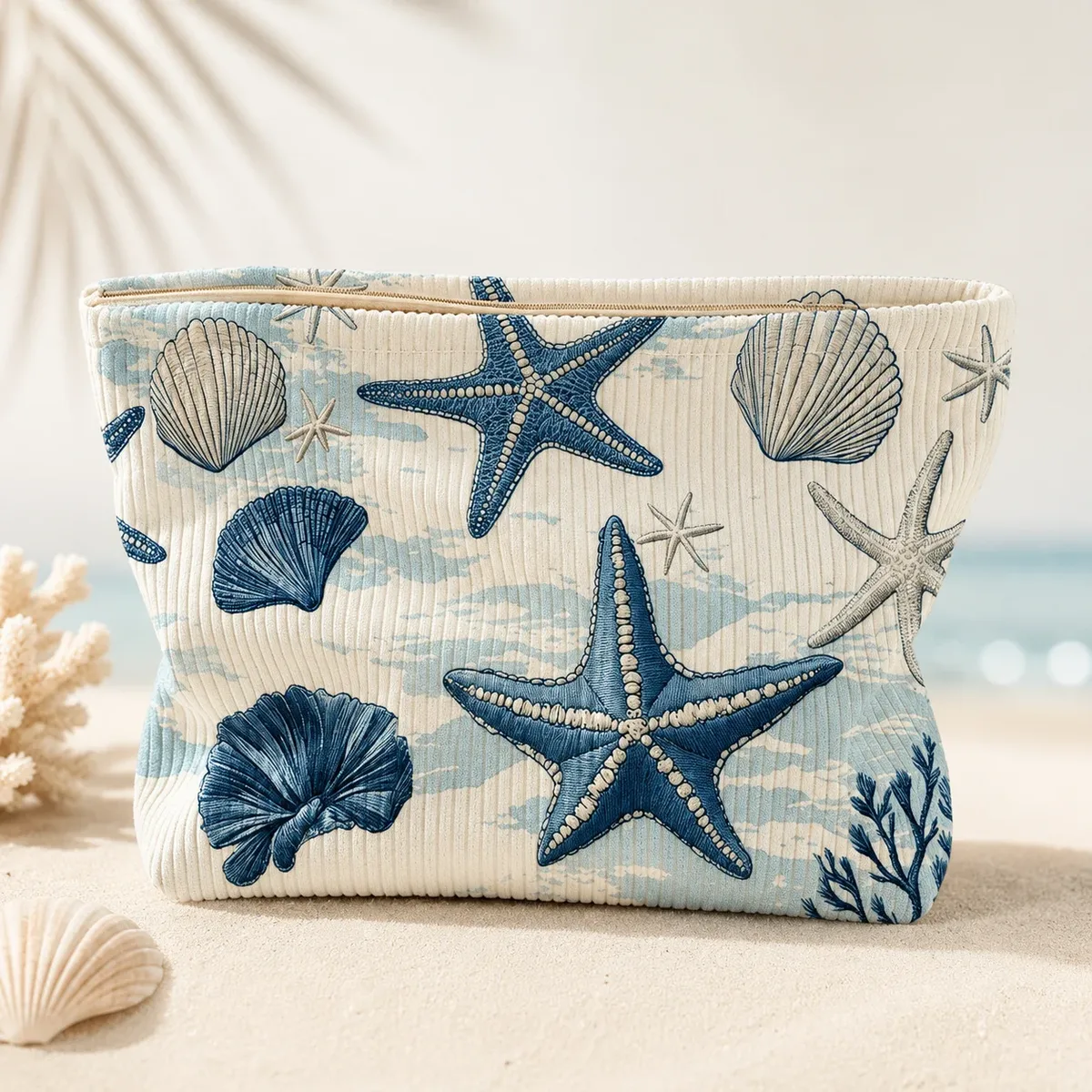 trousse de maquillage en velours côtelé motif étoile de mer et coquillage, grande pochette de voyage zippée pour femmes, idéale pour les vacances à la plage