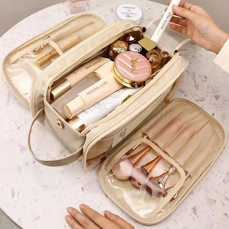sac de maquillage multifonctionnel en cuir pu pour femmes, grande capacité, portable, double fermeture éclair, brosse de maquillage de voyage, sac de rangement d'articles de toilette