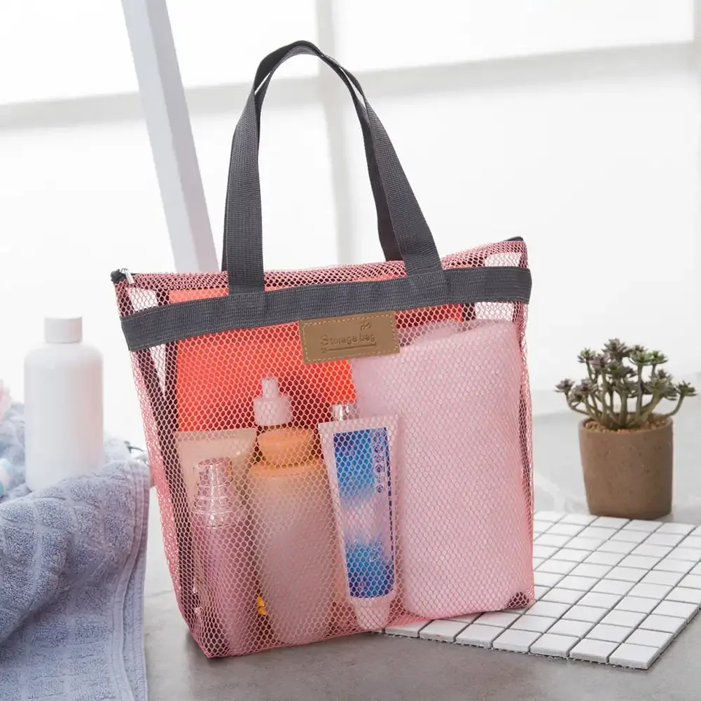 grande trousse de toilette portable en maille avec poignées durables et fermeture éclair pour voyage, plage, natation et rangement