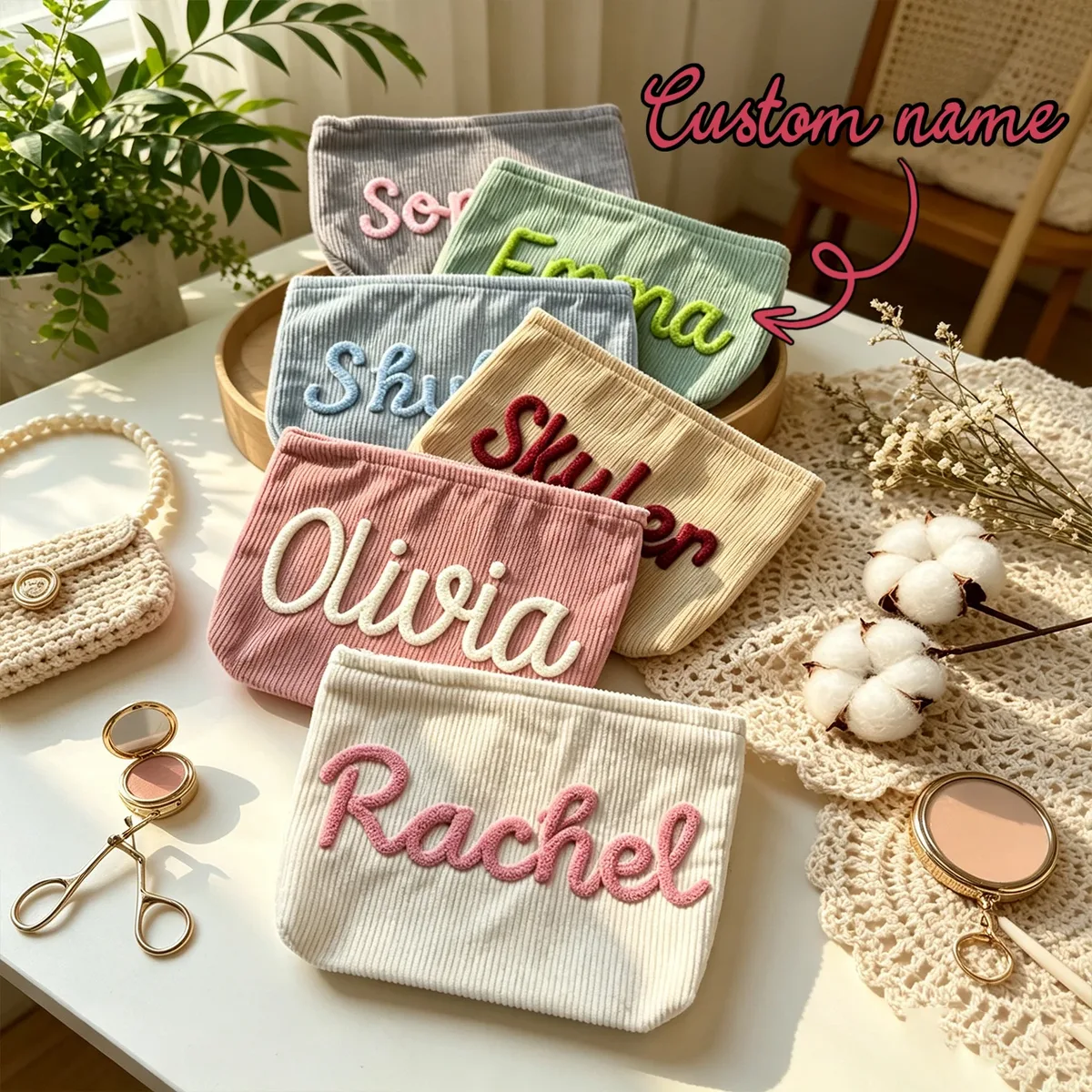 cadeaux personnalisés en velours côtelé pour demoiselles d'honneur, trousses de maquillage personnalisées avec lettres, cadeaux pour enterrement de vie de jeune fille, trousses de toilette de voyage