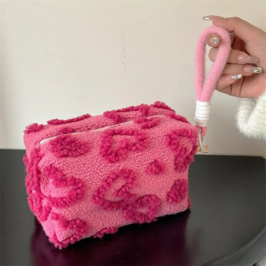 sacs à maquillage en peluche avec poignée, sac de rangement cosmétique de voyage doux, organiseur portable imprimé cœur, trousse à crayons, pochette mignonne