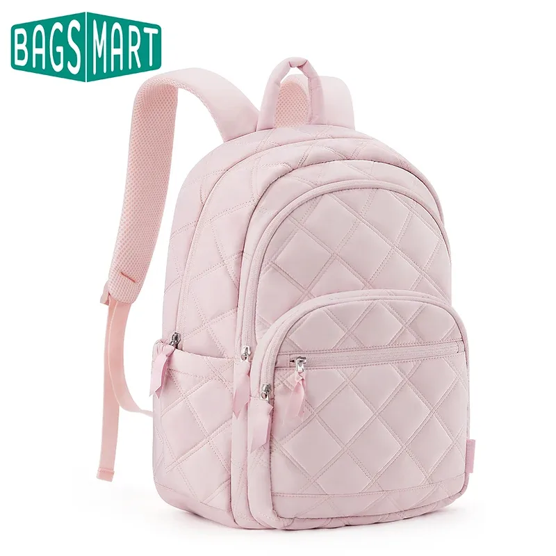 sac dos nylon rose noir géométrique poches latérales fermeture éclair usage voyage femmes courbe physiologique