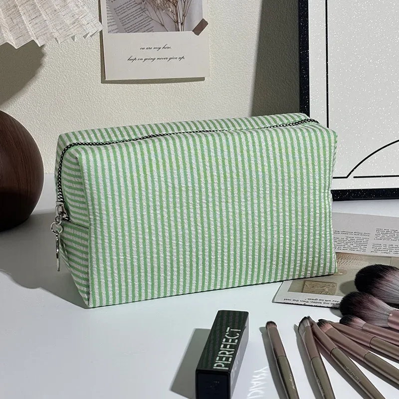 trousse de toilette rayée en mousseline bulle, sac de voyage portable, grande pochette de rangement pour maquillage, trousse de maquillage pour étudiant