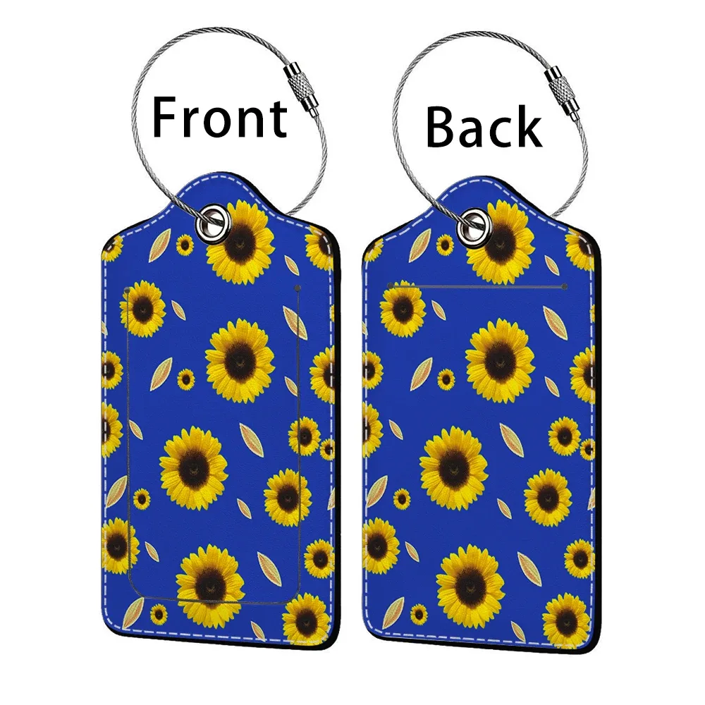 étiquette bagage polyuréthane motif tournesols bleu nuit jaune voyage identification personnelle plaques adresses double cartes bancaires