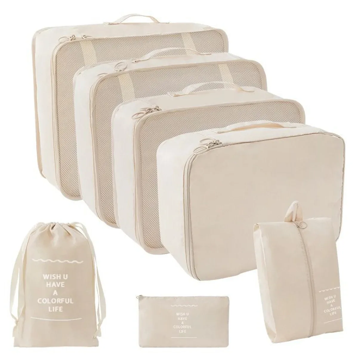 organisateur voyage sacs rangement polyester beige noir chaussures vêtements cube pliant accents double glissières transport usage