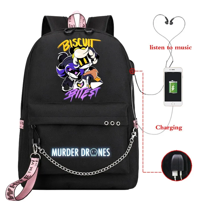 sac dos toile dessin animé personnages colorés logo murder drones chaîne métallique câble usb voyage capacité 20 35 litres