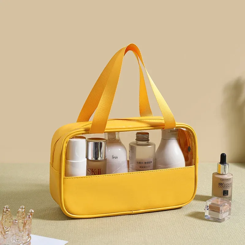 sac à cosmétiques personnalisé avec coutures brodées, sac de bain translucide en pvc de grande capacité, sac de rangement de voyage portable étanche en pu