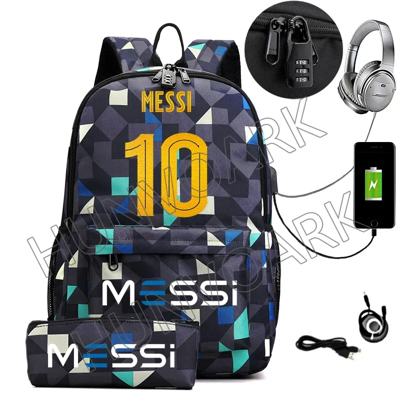 messi-sac à dos étanche avec chargeur usb, sac à dos de voyage décontracté, grande capacité, sacs d'école pour ordinateur portable, hommes et femmes