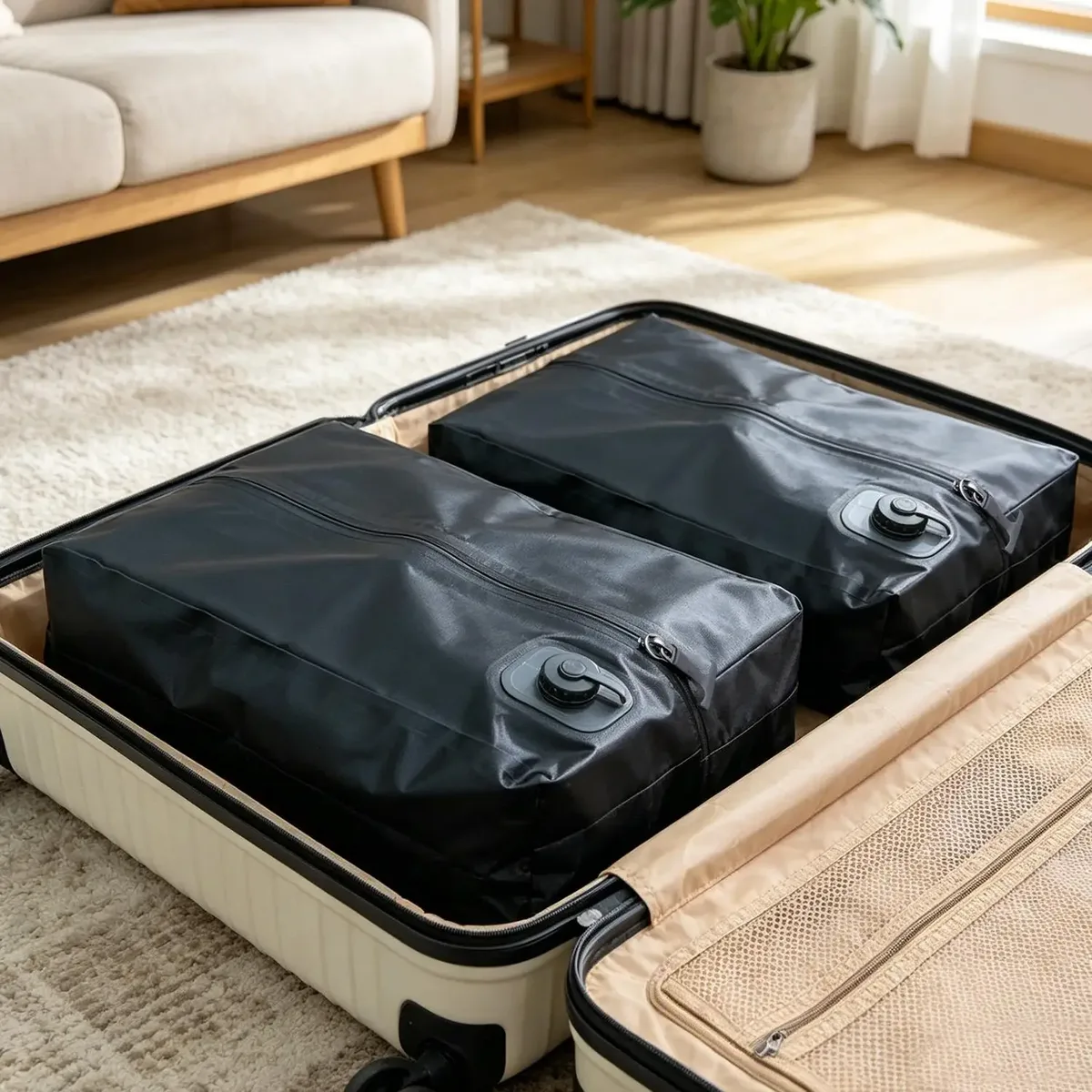 organisateur voyage nylon rose lignes verticales motif gris sac compression anti fuite durabilité camping affaires déménagement rangement vêtements literie