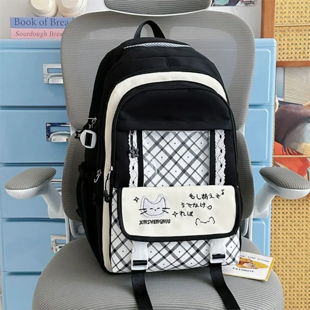 sac à dos en nylon ajouré color-block, grande capacité, mignon, style preppy, transparent, à motif chat et écossais, pour l'école et le shopping