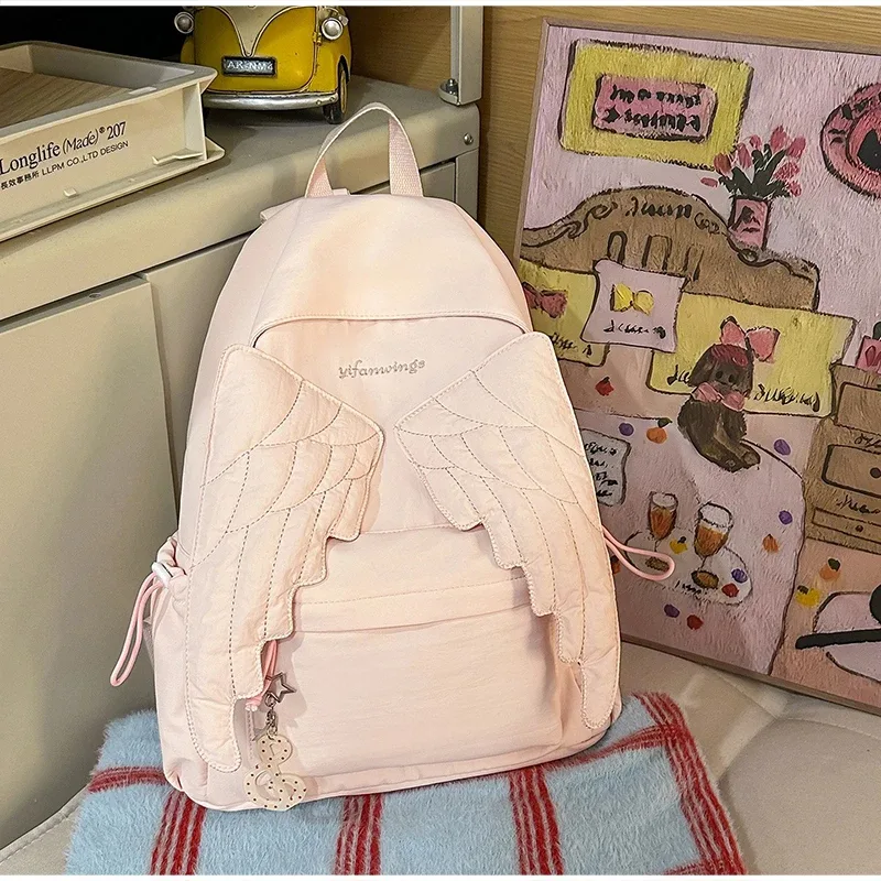 sac à dos matelassé à pois ailes d'ange pour étudiants, sac d'école en nylon mignon et tendance, sac de voyage quotidien léger et spacieux