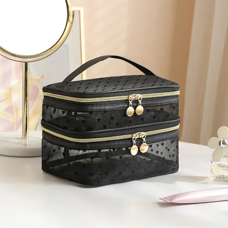 sac à cosmétiques en maille noire double couche, trousse de maquillage portable de grande capacité, pochette de rangement, trousse de toilette à fermeture éclair
