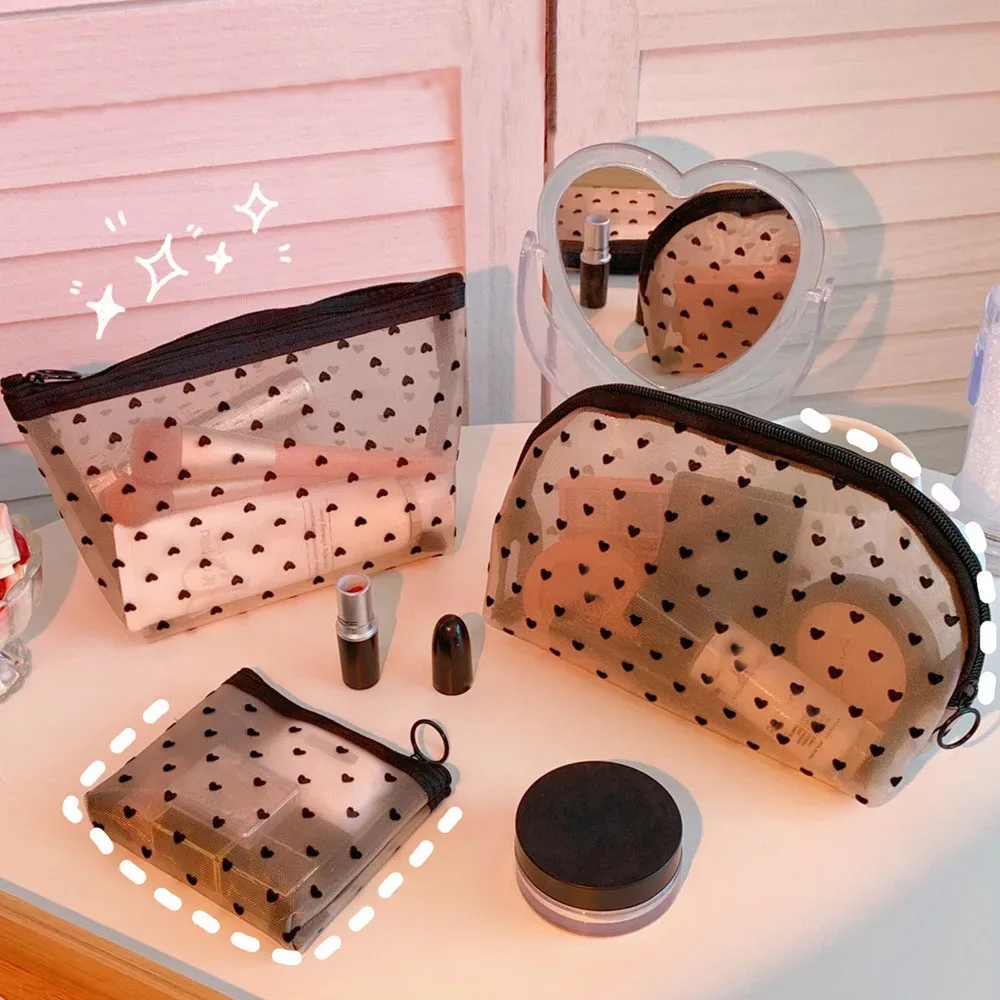sac de maquillage en maille transparente en forme de cœur, pochette de rangement de cosmétiques portable multifonction pour femmes, sacs de rangement de rouge à lèvres de toilette pour dames
