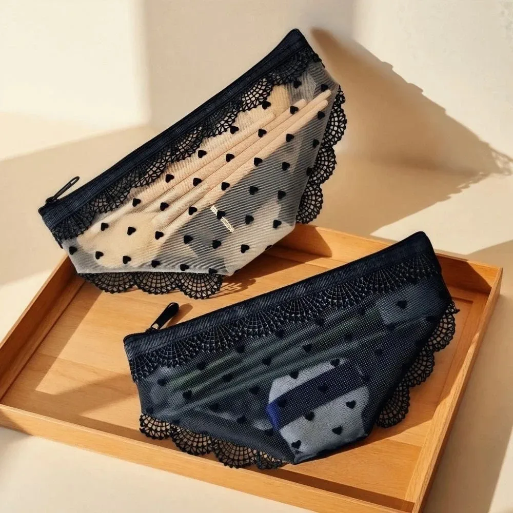 nouvelle trousse de toilette transparente en dentelle en forme de cœur, pochette de rangement pour maquillage en maille y2k, sac de rangement pour voyage