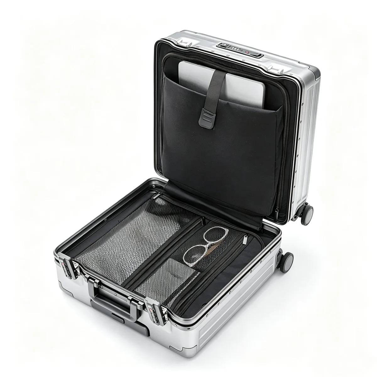 valise à ouverture frontale 18 pouces, bagage à main pour femme, valise à roulettes, coque rigide en pc avec cadre en aluminium, serrure tsa