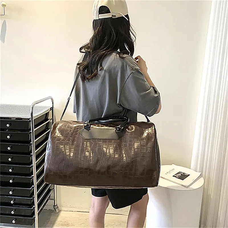 sac de voyage grande capacité pour le week-end, personnalisable avec nom, en cuir pu motif crocodile, sac bandoulière de luxe rétro, sac de sport, sac de voyage polochon