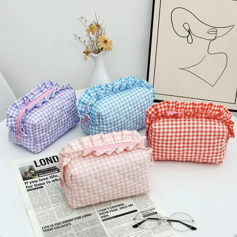 sac de maquillage portable, design matelassé, motif à carreaux, sac de rangement pour pinceaux de maquillage avec fermeture éclair, sac de toilette multifonctionnel pour les voyages