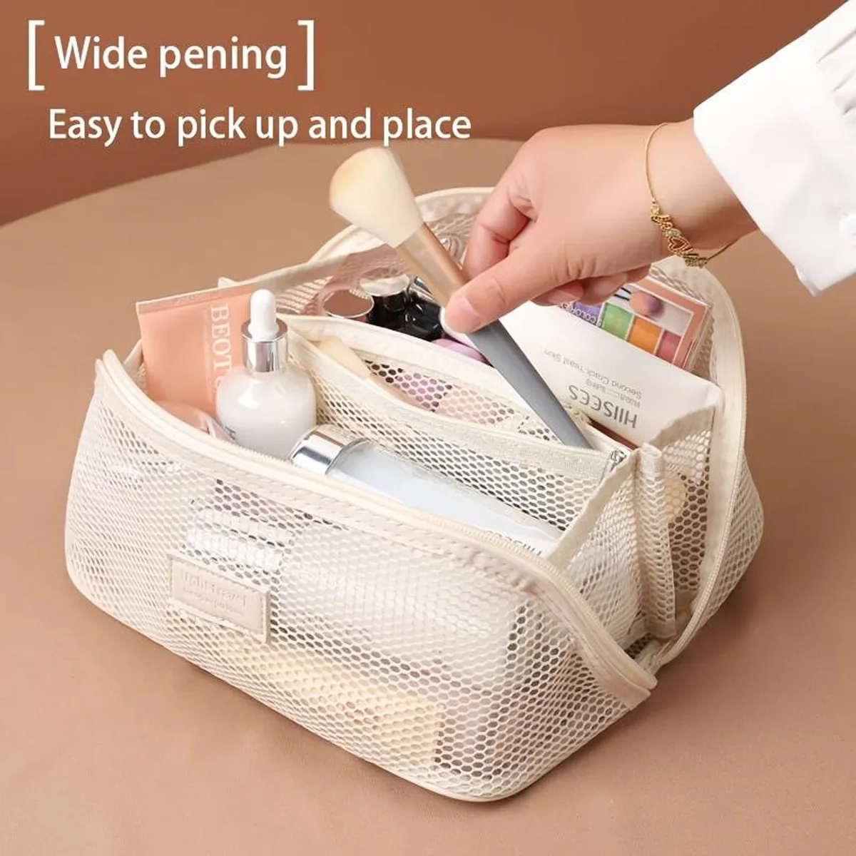 sac cosmétique en maille pour femmes, sac de rangement pour cosmétiques de voyage de grande capacité, trousse de toilette portable