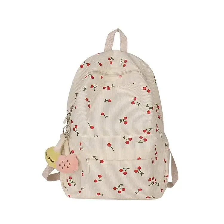 sac à dos en velours côtelé motif cerise pour femmes, sac de jour de voyage, sangle réglable, sac à dos pour ordinateur portable, fermeture éclair pour le travail, le shopping, l'école