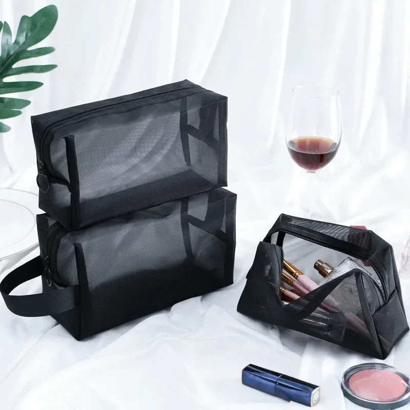 trousse de maquillage noire transparente pour femme, trousse de toilette et cosmétique, ensemble de poudres en maille, petite et grande, voyage