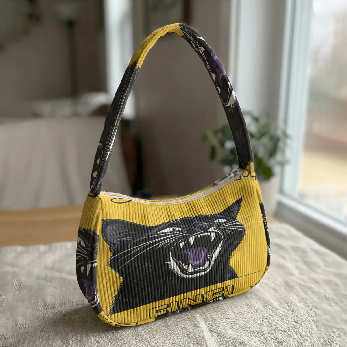sac à bandoulière tendance imprimé chat noir en colère, sac sous le bras en velours côtelé pour un usage quotidien décontracté