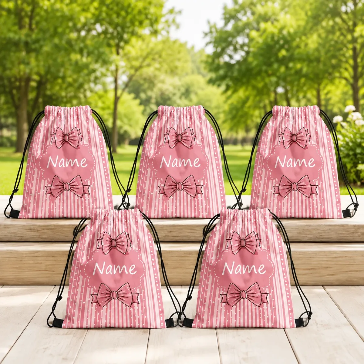 sac à dos personnalisé rose à rayures avec cordon de serrage, nom personnalisé, sac de sport avec poches pour voyage, extérieur, vacances, cadeau de noël