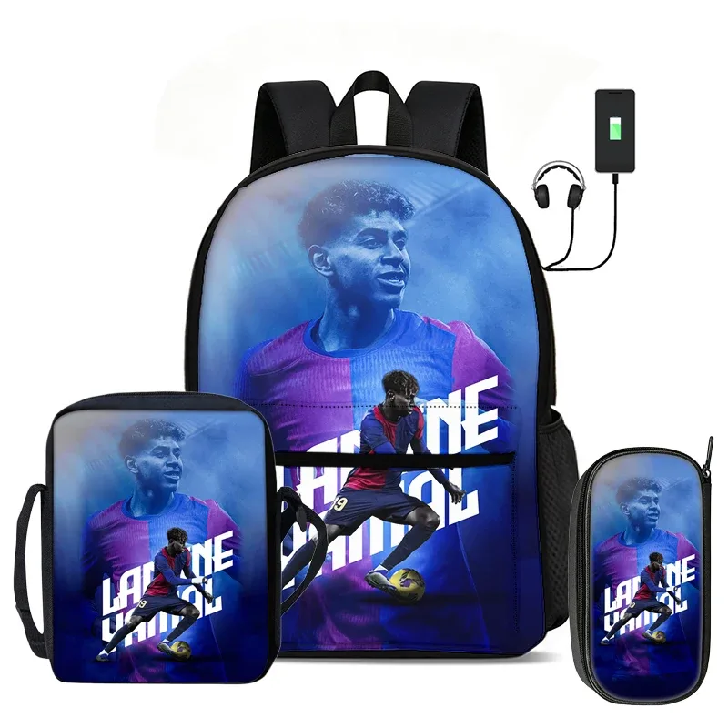 l-lamin yamal ensemble de 3 pièces : sac à dos, sac à bandoulière, trousse à crayons, sac à dos de sport pour enfants, motif star de football