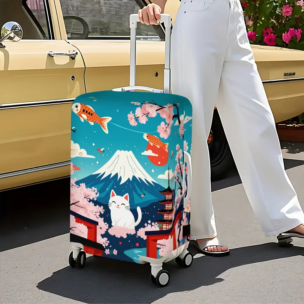 housse valise polyester motif chat blanc souriant poissons rouges fleurs cerisier mont fuji bleu protection voyage roulettes poignée noire