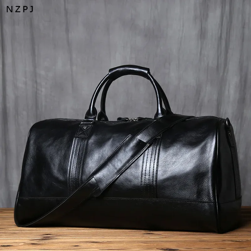 nzpj – sac de voyage en cuir véritable pour hommes, sac à main en cuir de vache naturel, sac à bandoulière décontracté, sac à bagages de grande capacité pour ordinateur portable de 16 pouces