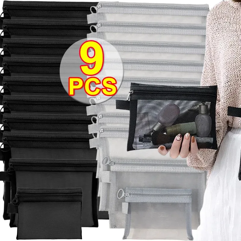 sacs à cosmétiques transparents en maille, 1 à 6 pièces, petits et grands organisateurs de maquillage noirs, trousse de toilette de voyage, ensemble de pochettes de rangement portables pour rouge à lèvres