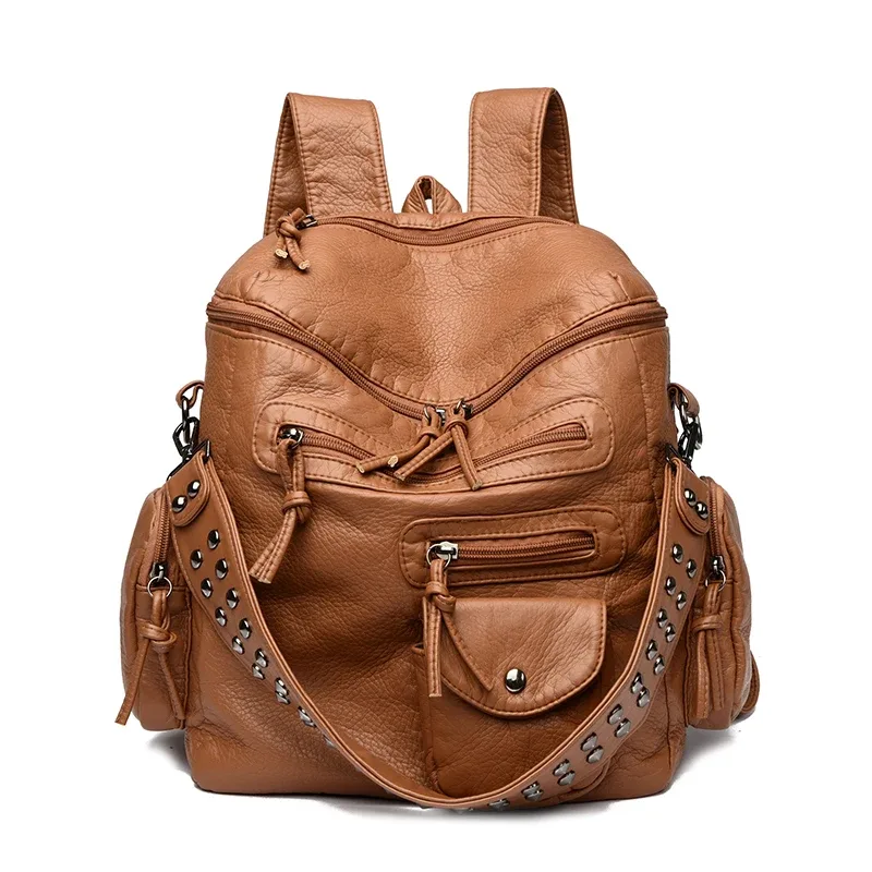 sac dos cuir matière similaire noir bleu gris marron poches multiples rivets dorés décontracté imperméable voyage école collège