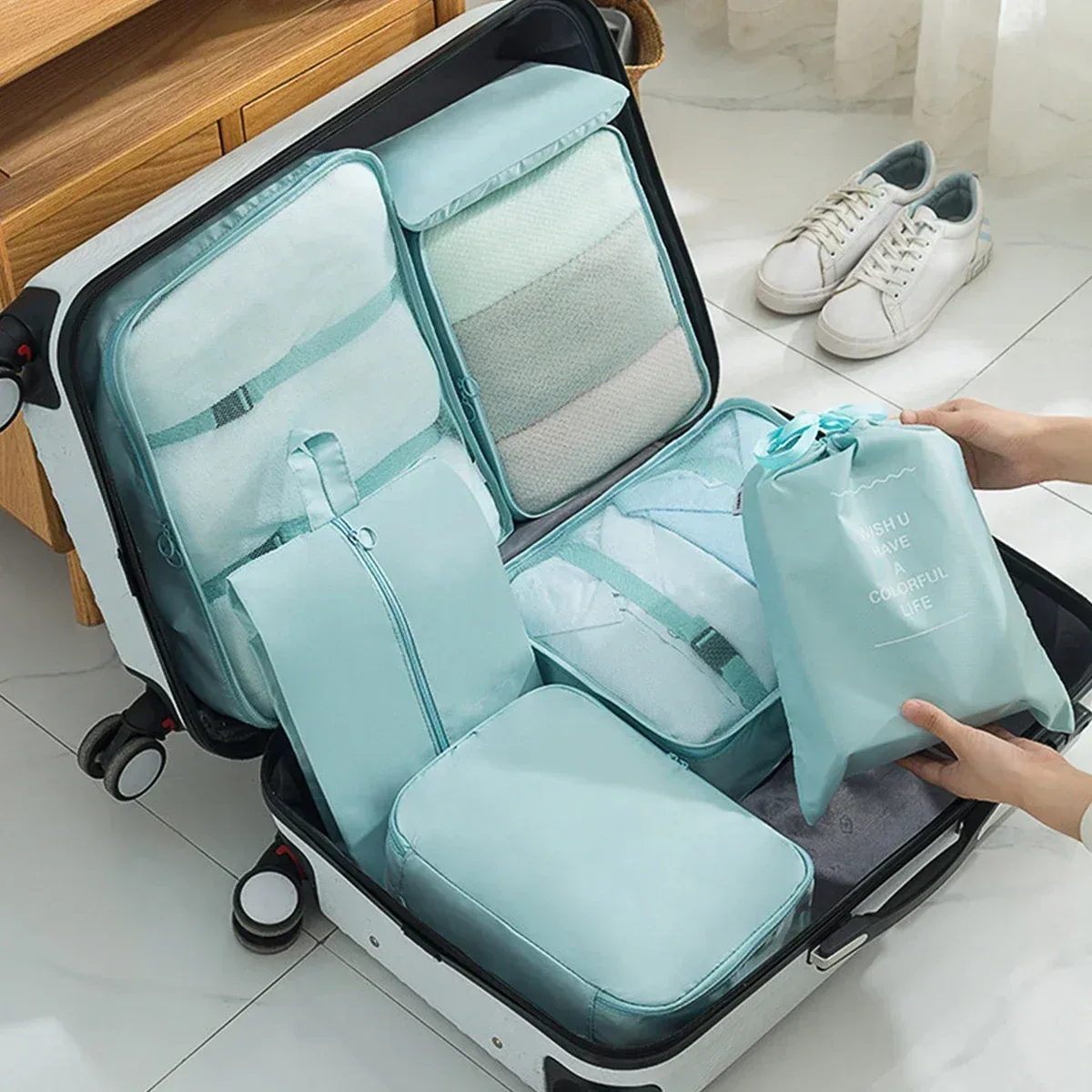 Ensemble de 7 cubes d'emballage de voyage, organisateur de bagages à Compression Transparent pour valises, vêtements et voyages