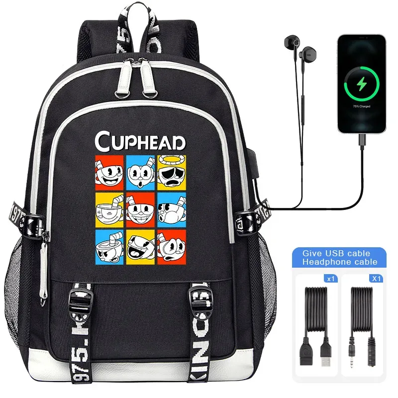 sacoche nylon illustrations cuphead dessin animé noir blanc gris ordinateur portable adolescents étudiants voyager capacité haute bandoulière souple