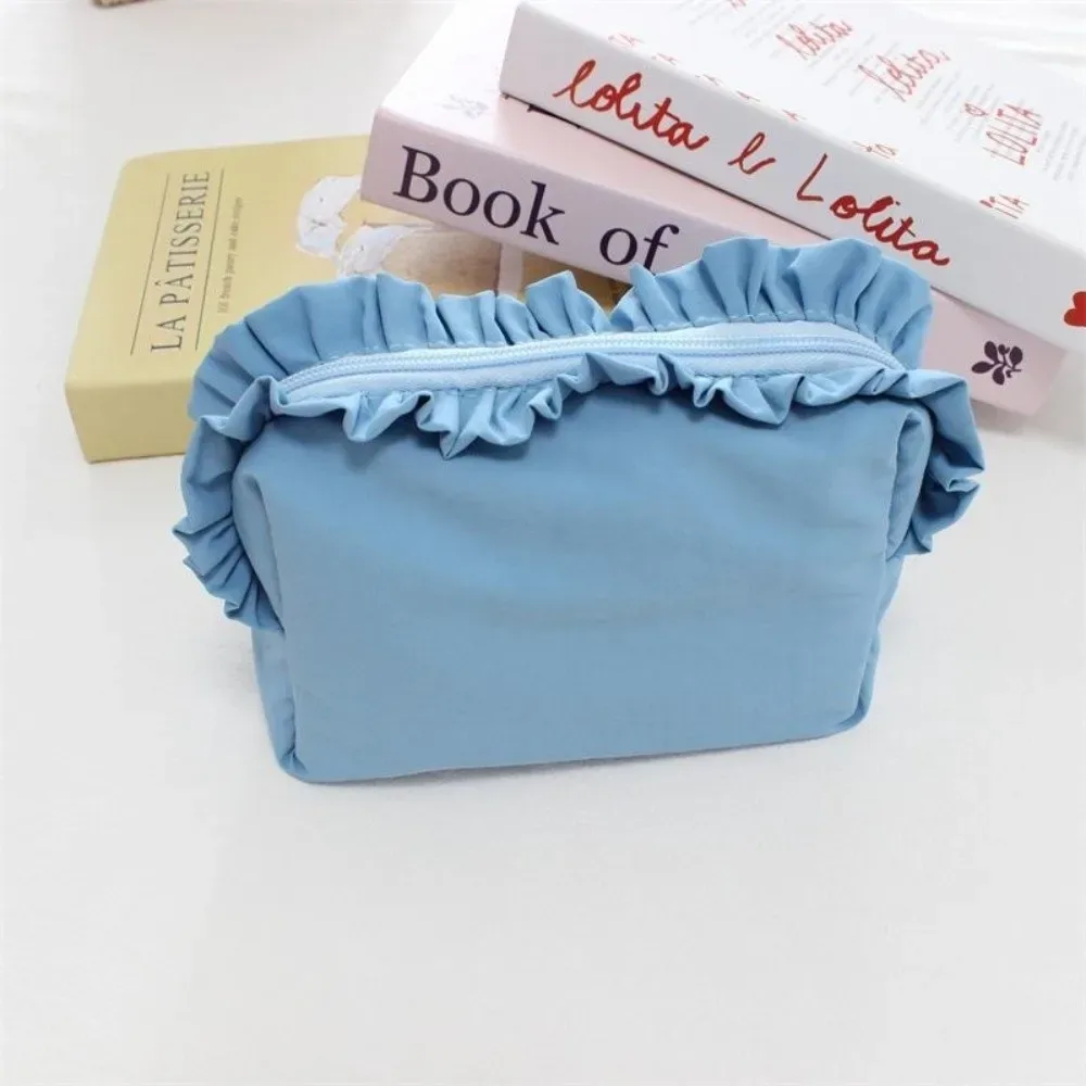 trousse de maquillage unie à volants grande capacité avec fermeture éclair, étui cosmétique en nylon, trousse à crayons, organisateur de toilette pour femme