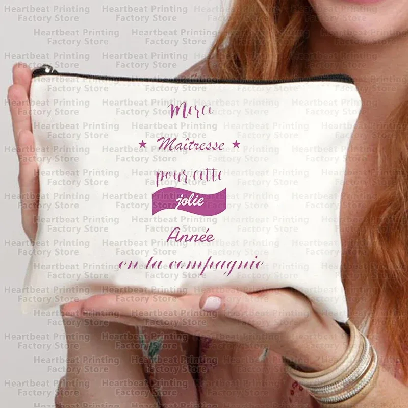 sac à cosmétiques de voyage imprimé français merci maîtresse, sac à rouge à lèvres, trousse à crayons, pochette pour femmes, cadeau de rentrée scolaire
