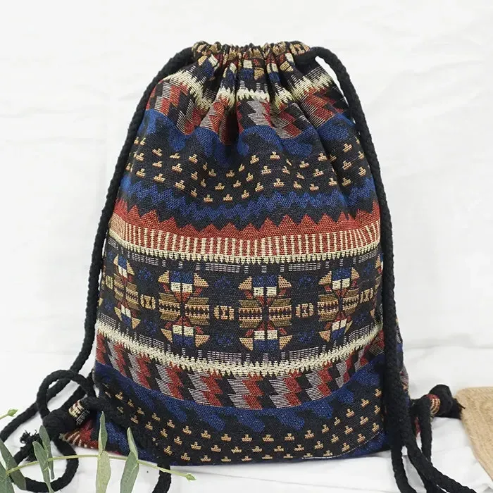 sac à dos en tissu pour femme 2026, style bohème chic, ethnique, tribal, ibiza, gypsy, aztec, doux, marron, avec cordon de serrage