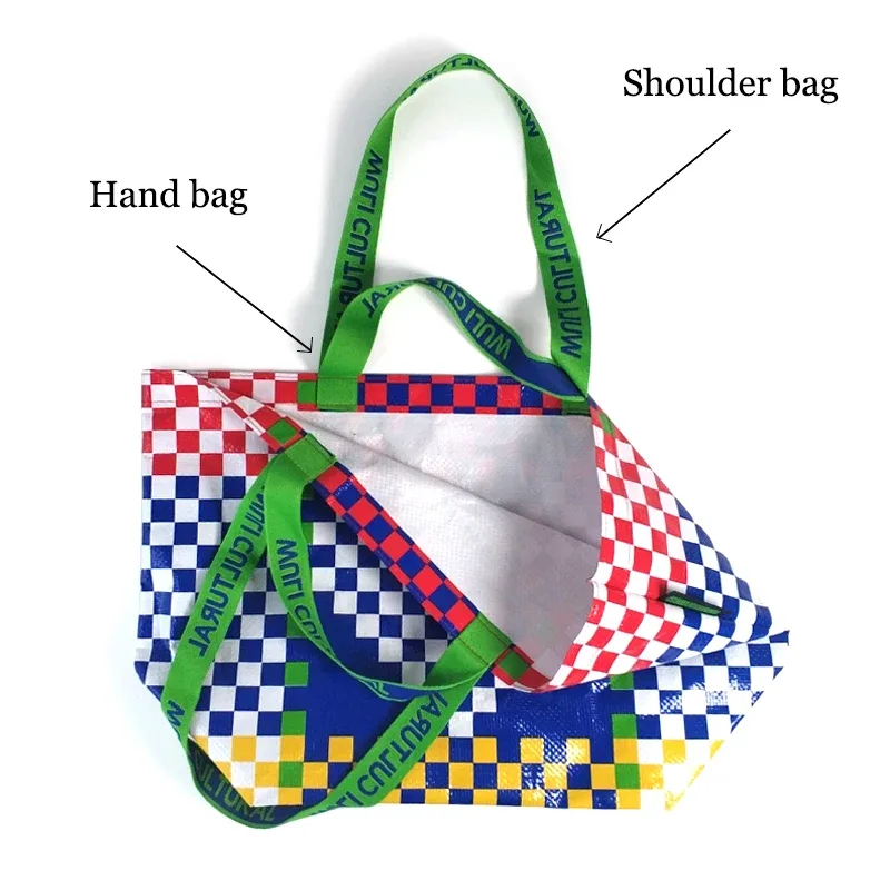 sac de courses tissé en pp, sac à bandoulière à motif à carreaux, fourre-tout réutilisable et étanche, sac à main portable pour voyage et épicerie