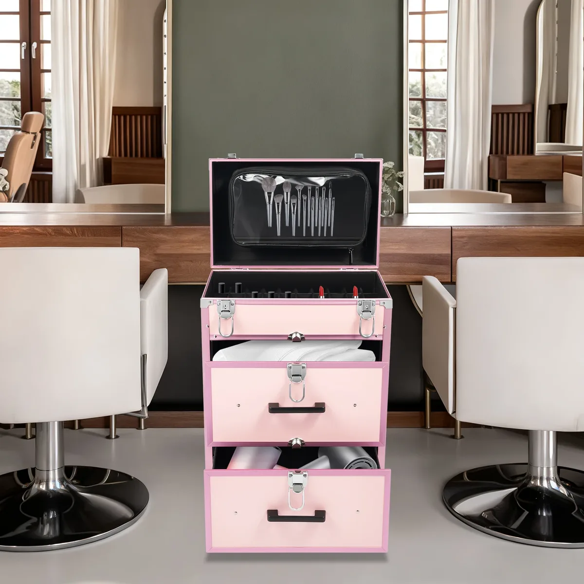 valise de maquillage à roulettes grande capacité, verrouillable, étanche, pour maquilleurs professionnels
