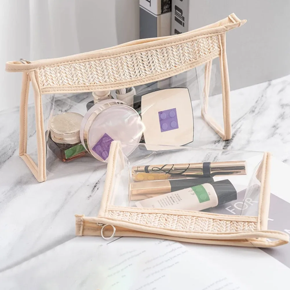 sac de toilette transparent portable, imperméable, élégant, en paille tressée, organiseur de maquillage de voyage, trousse de maquillage pour femmes