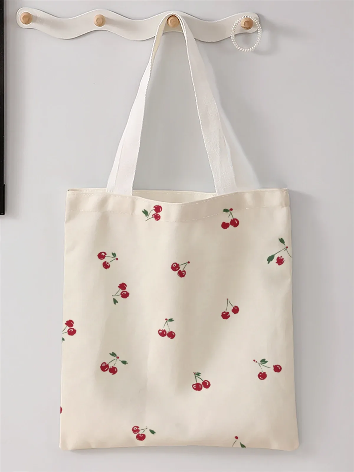 sac à main décontracté imprimé motif cerises, sac à dos réutilisable et tendance, sac à main multifonctionnel, sac de shopping en toile